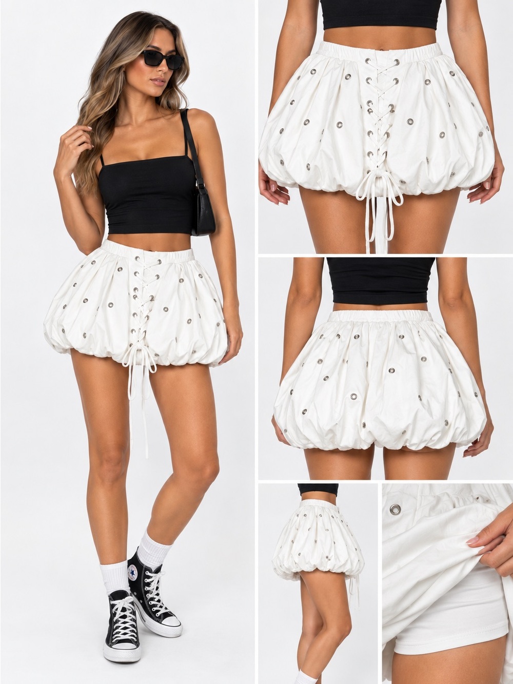 AKIRA White Bubble Mini Skirt M Grommet Lace Up Y2K Statement
